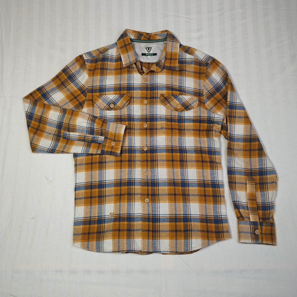 Vissla Mens Plaid Flannel Shirt Small Yellow Blue Cotton Long Sleeve M513OCEC